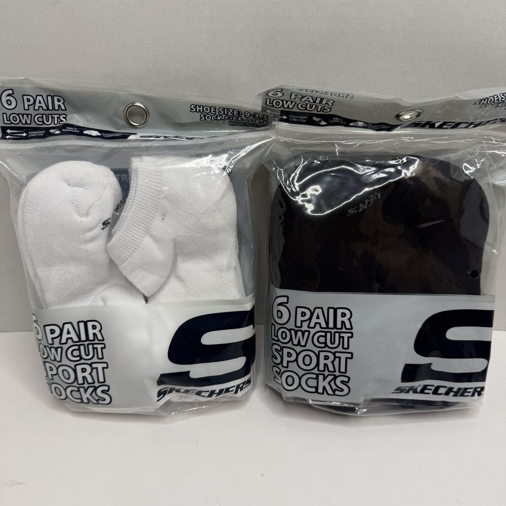 Skechers Kids Low Cut Sport Socks 12 Pair Black White Shoe Size 9-3.5 NEW